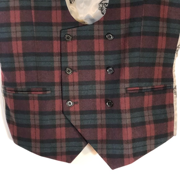 Noose & Monkey Ginsberg Plaid Double Breasted Waistcoat Vest Skull Print Back - Picture 4 of 16